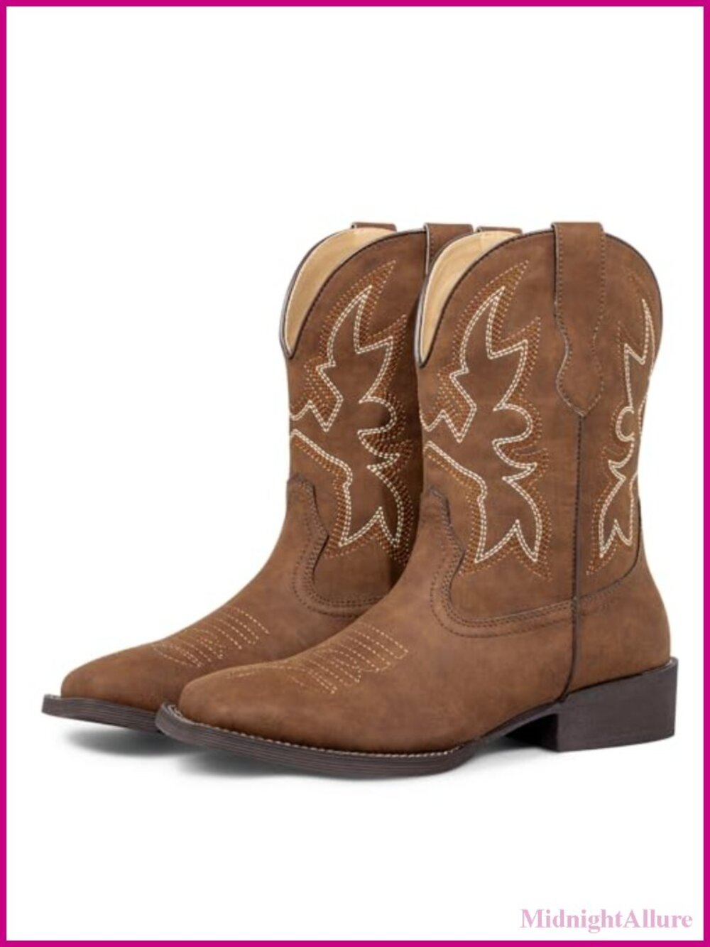 SheSole Short Cowboy Boots Square Toe Embroidery Chunky Heel Pull On Mid-Calf